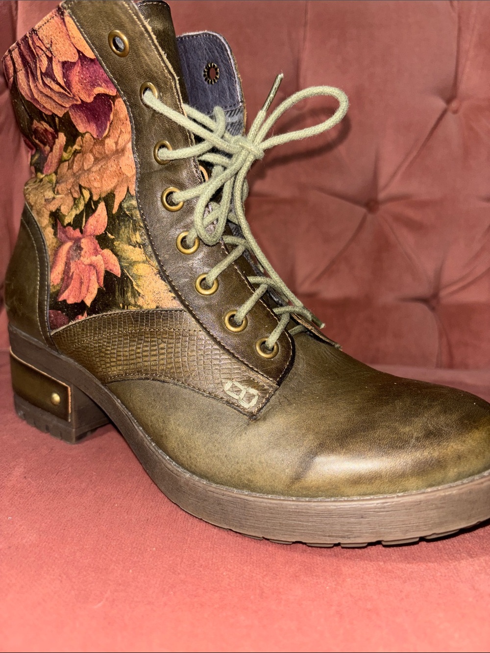 NWOB L’ATISTE Marty boots green leather floral brocade shaft lace/zip womens 8.5